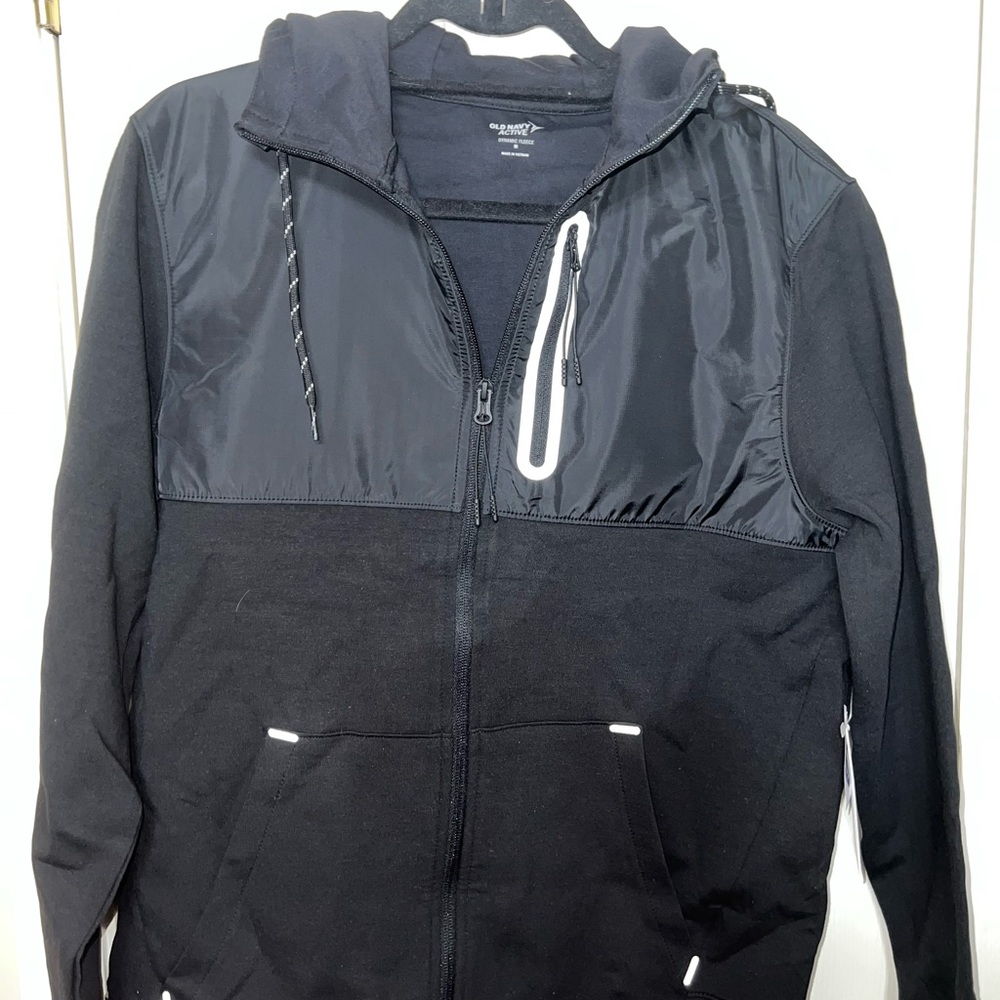 NWT, mens black jacket, fleece with hood